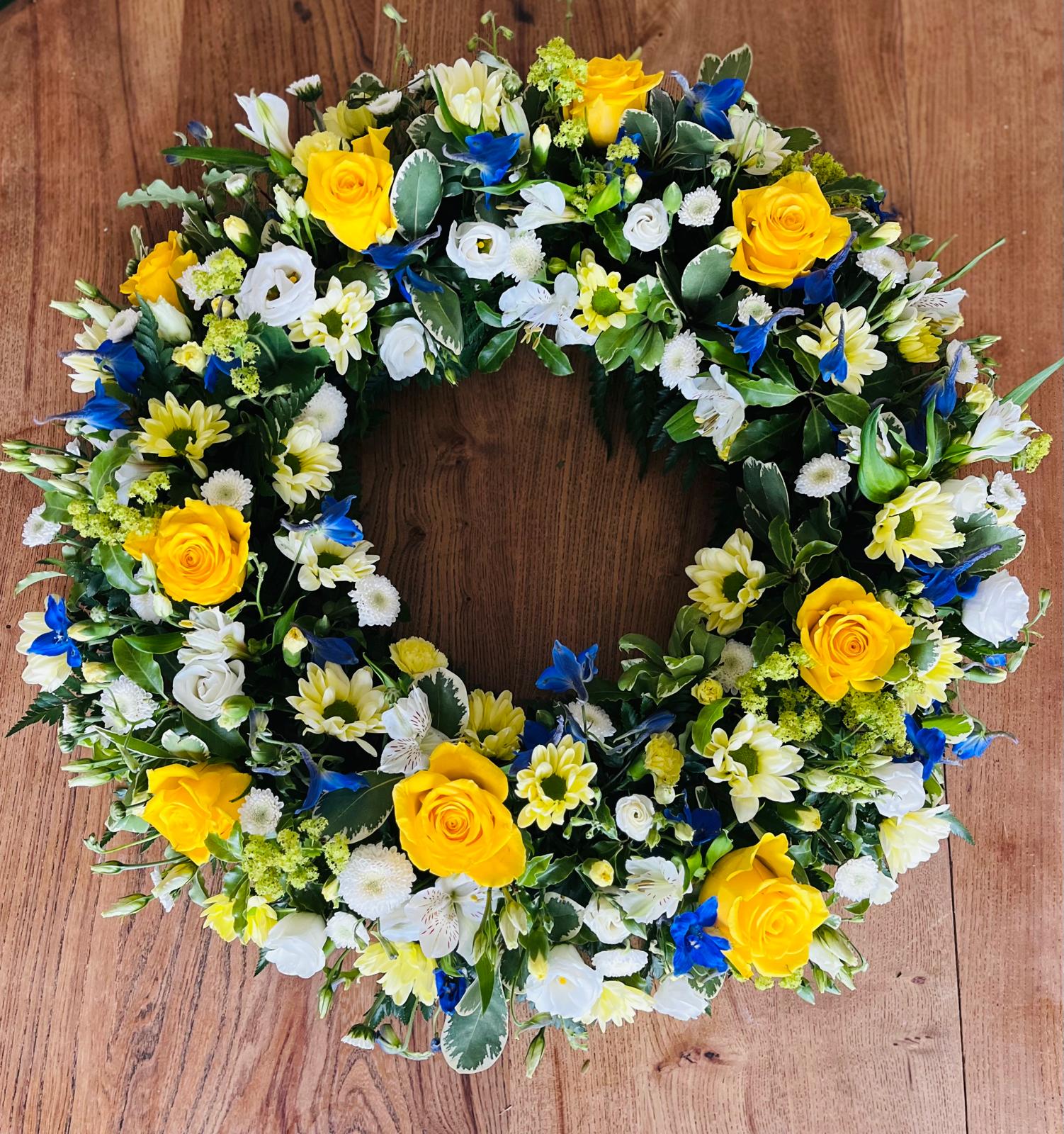 Floral Wreath · Yellow, White & Blue