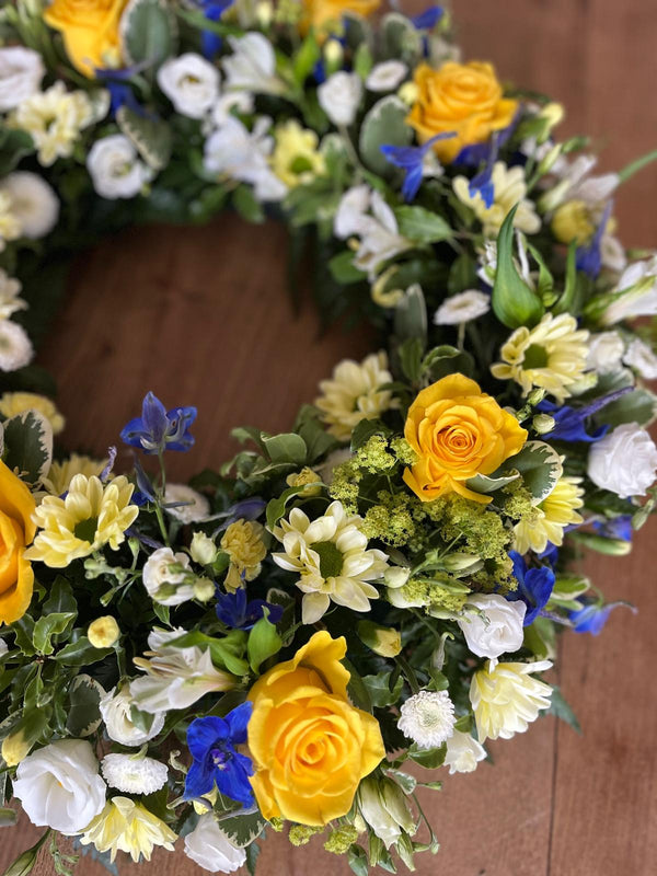 Floral Wreath · Yellow, White & Blue
